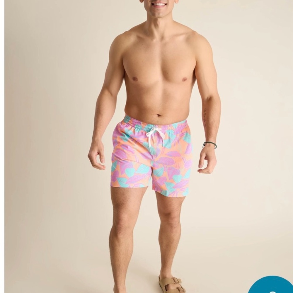 Chubbies Pink and Blue Swim Trunks with Geometric Design